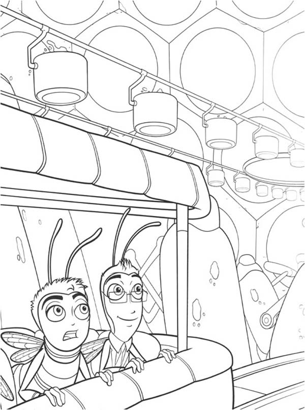 Bee Movie, : Barry and Bee Benson and Adam Flayman at Honey Factory in Bee Movie Coloring Pages