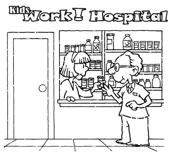 Hospital, : Buying Medicine at Hospital Coloring Pages