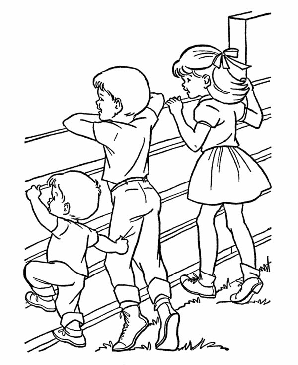 Farm Life, : Farm Life Coloring Pages Watching Animals from Outside Fence