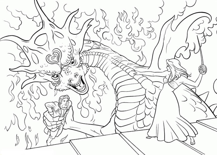 Enchanted, : Giselle Fight Dragons in Enchanted Coloring Pages