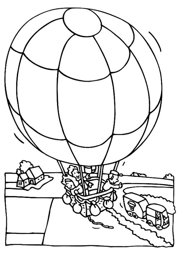 Hot Air Balloon, : Hot Air Balloon Passing Over the Village Coloring Pages