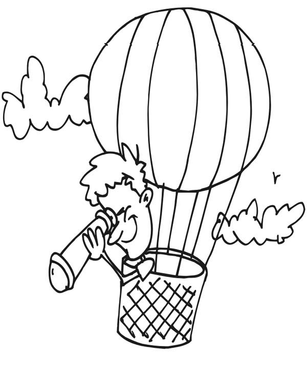 Hot Air Balloon, : Looking Down Using Telescope on Hot Air Balloon Coloring Pages
