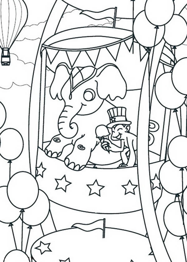 Circus and Carnival, : Monkey and Elephant Take Ferris Wheel at the Circus and Carnival Coloring Pages