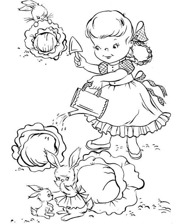 Gardening, : Rabbit Stealing Cabbage from Little Garden in Gardening Coloring Pages