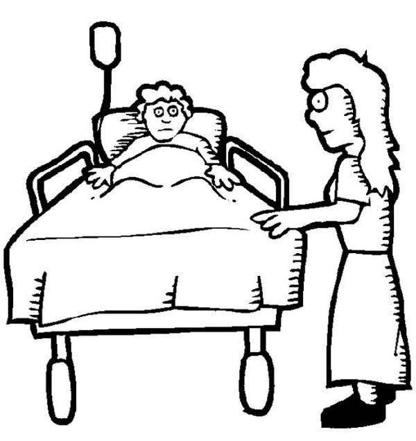 Hospital, : Sick Kid and His Mother at Hospital Coloring Pages