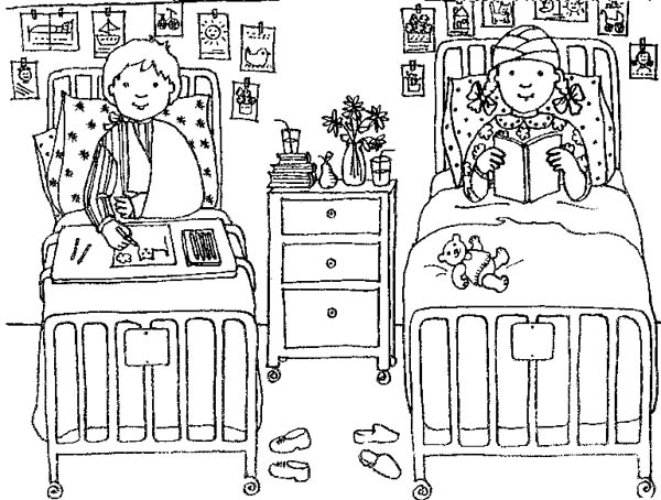 Hospital, : Two Kids got Hospitalization at Hospital Coloring Pages