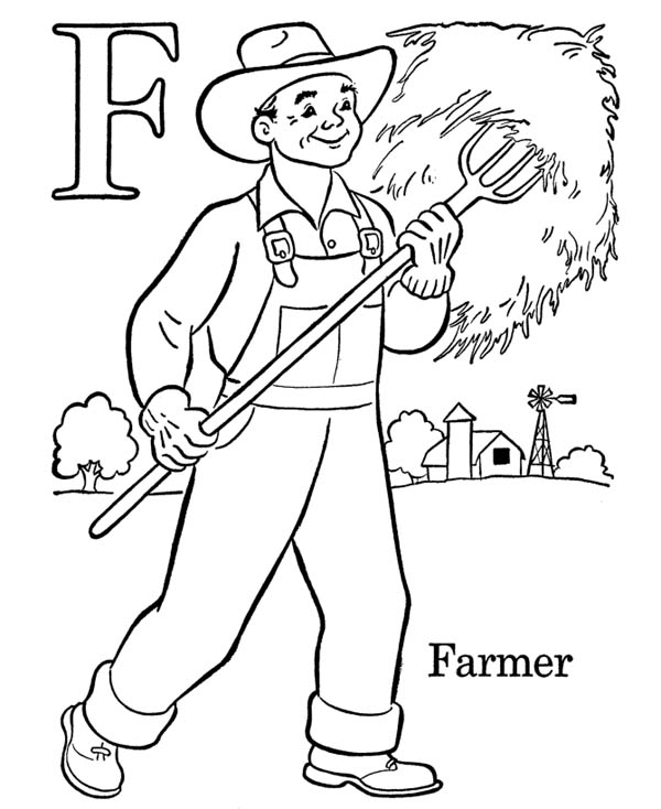 Letter F, : Alphabet Letter F is for Farmer Coloring Page