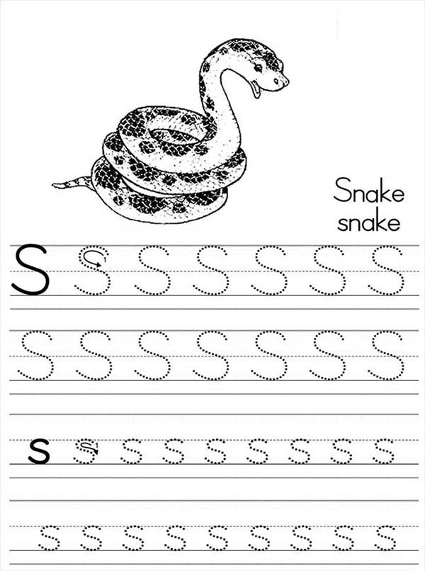 Letter S, : Learn Letter S for Snake Worksheet Coloring Page