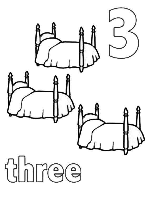Number 3, : Learn Number 3 with Three Beds Coloring Page