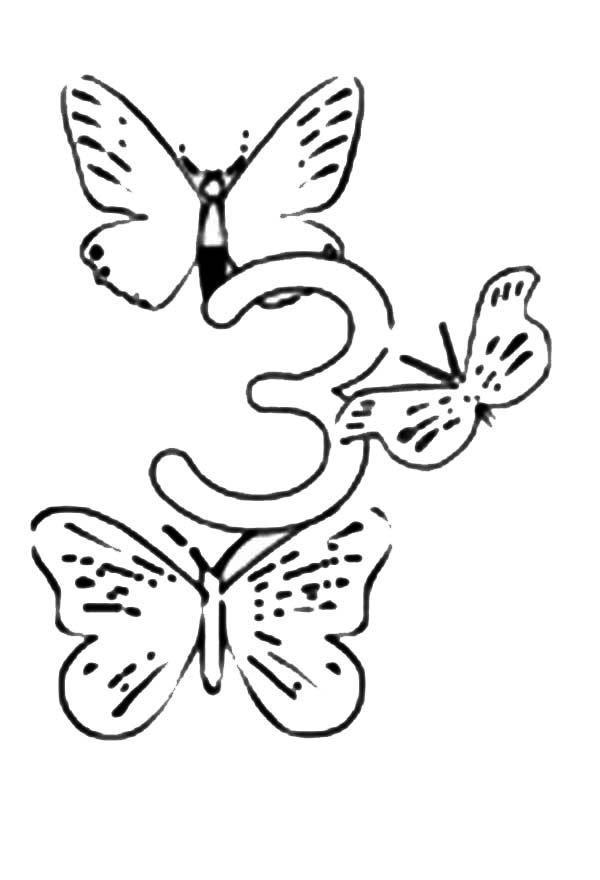 Number 3, : Learn Number 3 with Three Butterflies Coloring Page