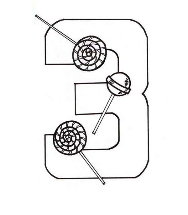 Number 3, : Learn Number 3 with Three Candy Coloring Page