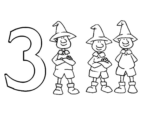 Number 3, : Learn Number 3 with Three Man Coloring Page