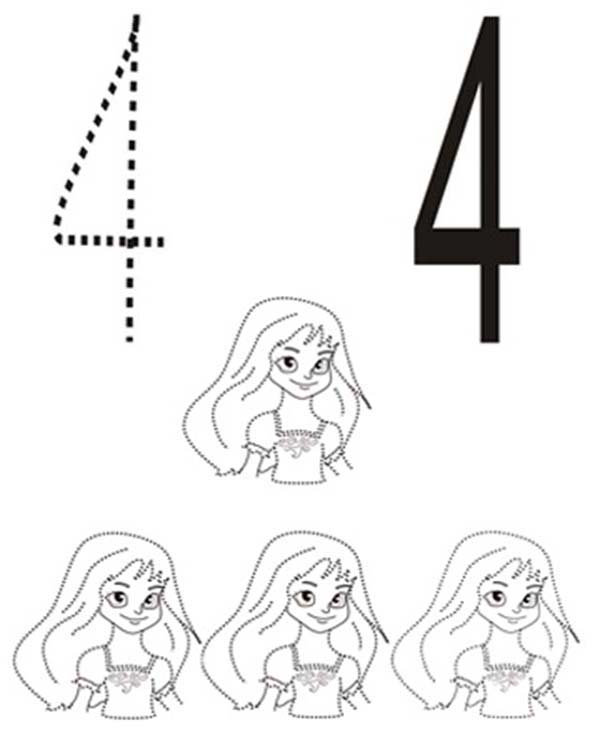 Number 4, : Learn Number 4 with Four Beautiful Girls Coloring Page