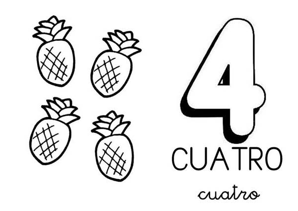 Number 4, : Learn Number 4 with Four Pineapples Coloring Page