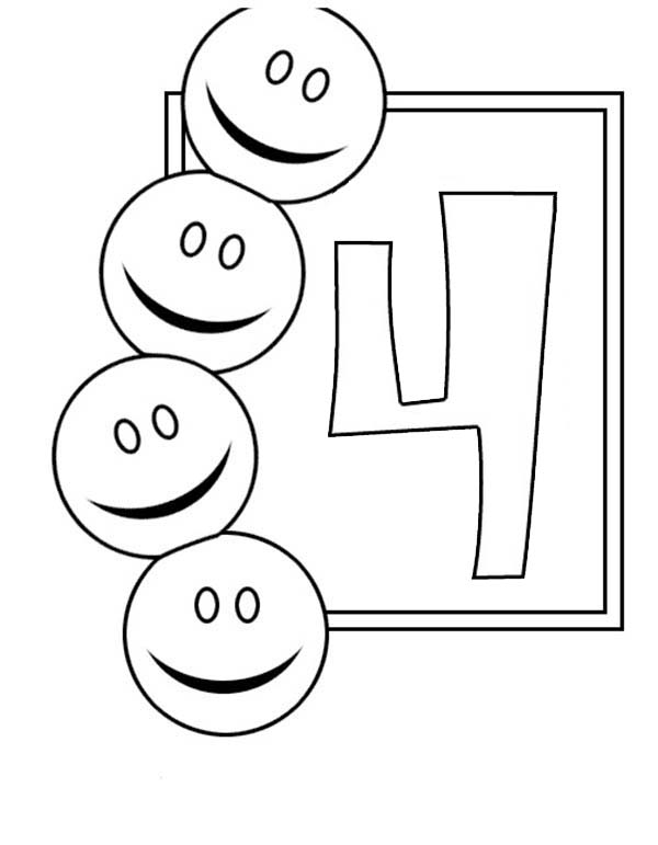 Number 4, : Learn Number 4 with Four Smiley Faces Coloring Page