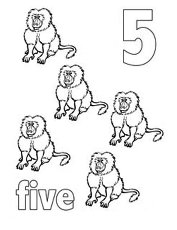 Number 5, : Learn Number 5 with Five Baboons Coloring Page