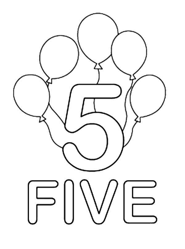 Number 5, : Learn Number 5 with Five Ballons Coloring Page