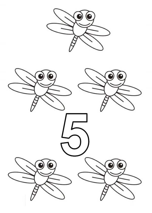 Number 5, : Learn Number 5 with Five Dragon Flies Coloring Page