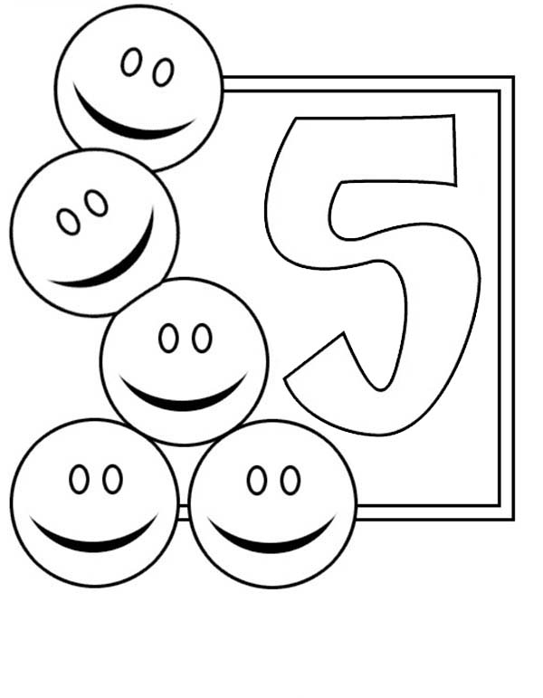 Number 5, : Learn Number 5 with Five Smiley Faces Coloring Page
