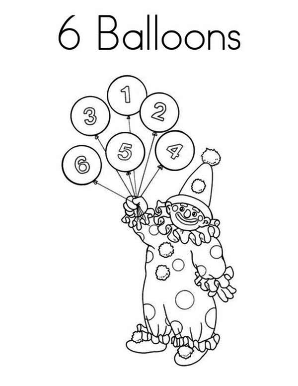 Number 6, : Learn Number 6 with Six Balloons Coloring Page