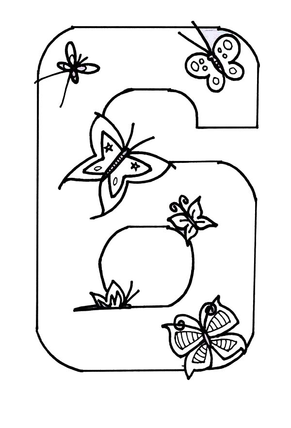 Number 6, : Learn Number 6 with Six Butterflies Coloring Page