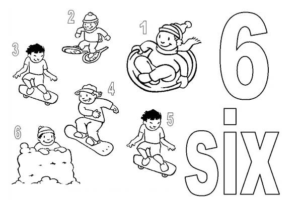 Number 6, : Learn Number 6 with Six Little Kids Coloring Page