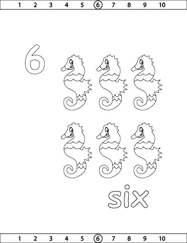 Number 6, : Learn Number 6 with Six Sea Horses Coloring Page