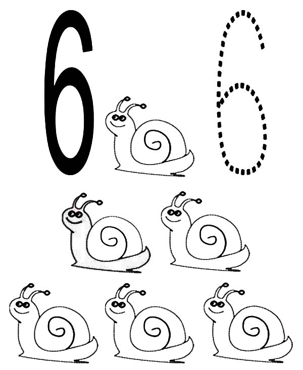 Number 6, : Learn Number 6 with Six Snails Coloring Page