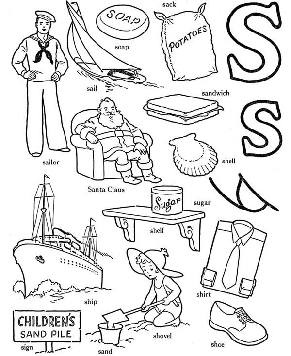 Letter S, : Learn Words for Letter S Coloring Page