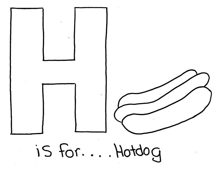 Letter H, : Letter H is for Hotdog Coloring Page