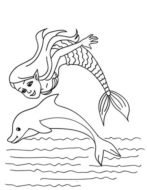 Mermaid, : Little Mermaid Jumping with Dolphin Coloring Pages
