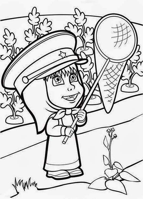 Mascha and Bear, : Mascha Holding a Net in Mascha and Bear Coloring Pages
