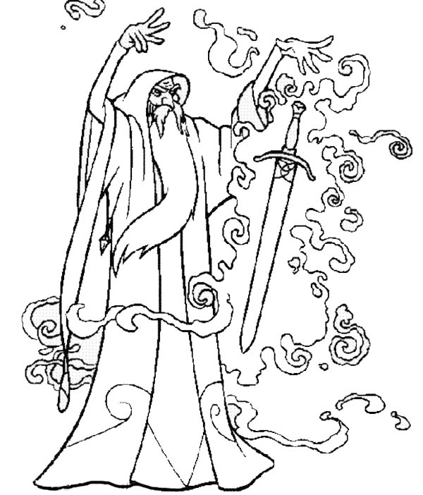 Merlin the Wizard, : Merlin the Wizard Put a Magic Spell into a Sword Coloring Pages