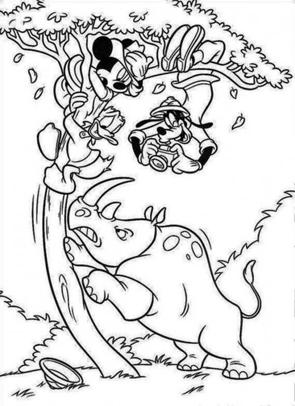 Mickey Mouse Safari, : Mickey Mouse Safari Coloring Pages with Donald and Goofy Climb a Tree Because of Angry Rhino