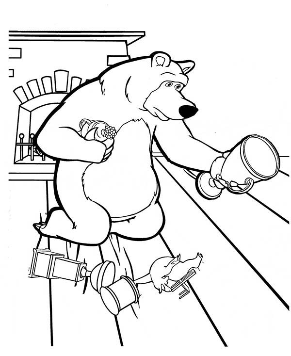 Mascha and Bear, : Mischa Collecting His Trophy on the Floor in Mascha and Bear Coloring Pages