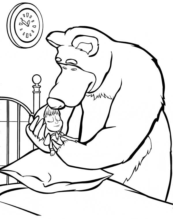 Mascha and Bear, : Mischa Put Mascha on Bed in Mascha and Bear Coloring Pages