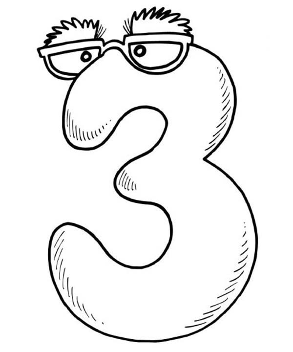 Number 3, : Number 3 Wearing Glassess Coloring Page