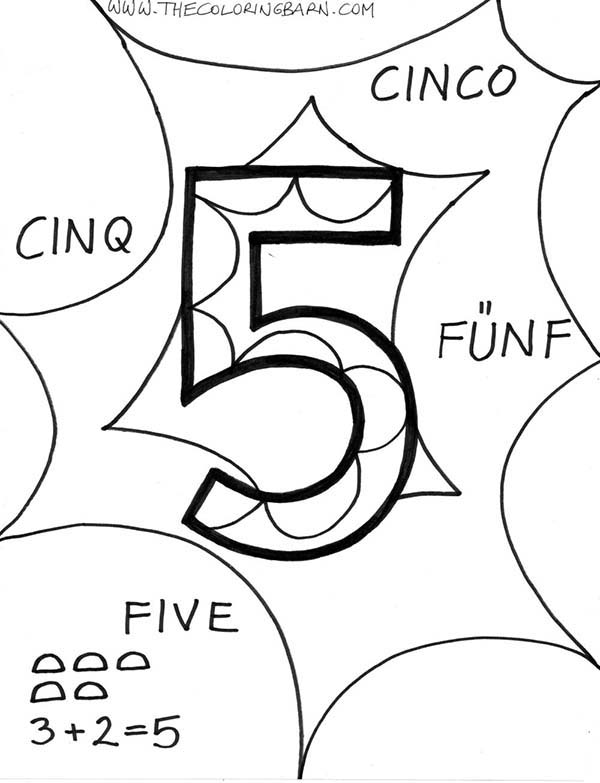 Number 5, : Number 5 in Several Language Coloring Page