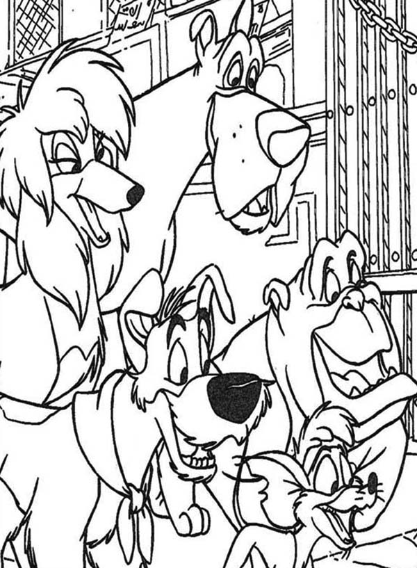 Oliver and Company, : Oliver and Company Characters Watching Coloring Pages