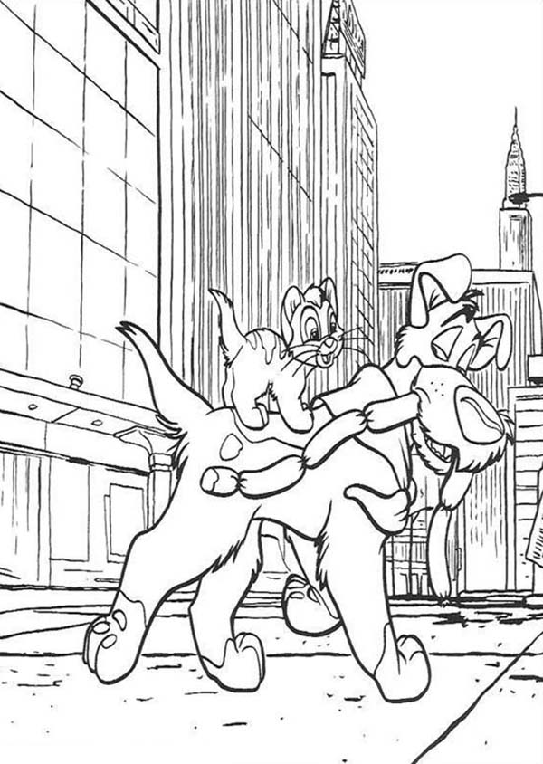 Oliver and Company, : Oliver and Dodger Has Sausage for Breakfast in Oliver and Company Coloring Pages