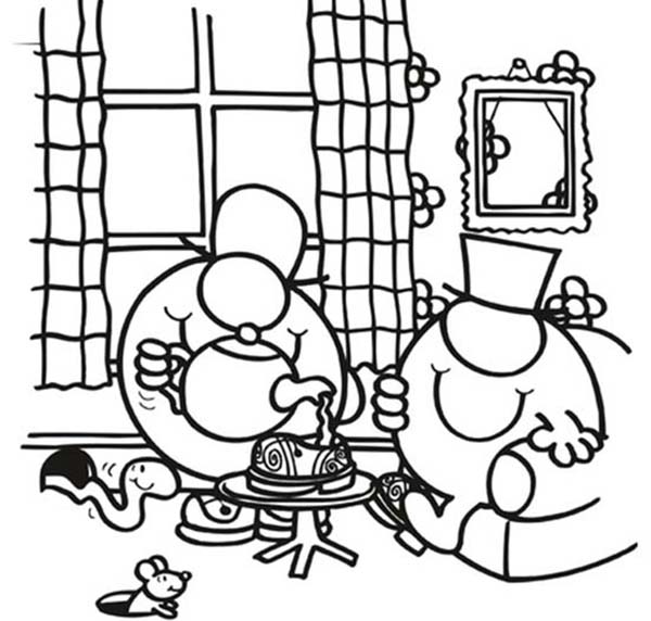 Mr Men and Little Miss, : Pouring Some Tea in Mr Men and Little Miss Coloring Pages
