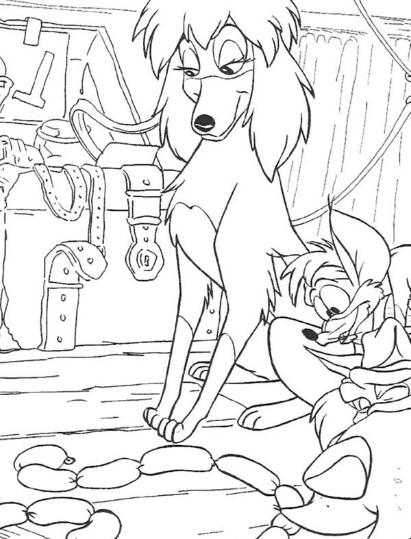Oliver and Company, : Tito and Georgette Staring at Sausage in Oliver and Company Coloring Pages