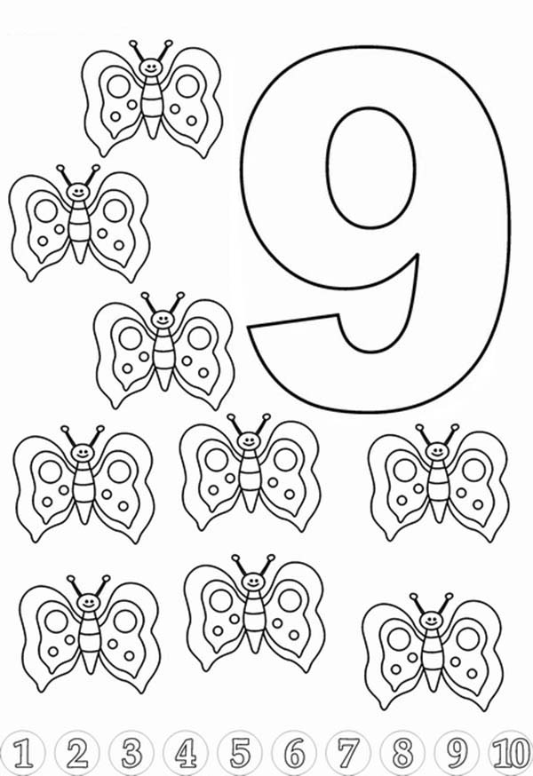 Number 9, : Butterfly for Learn Number 9 Coloring Page