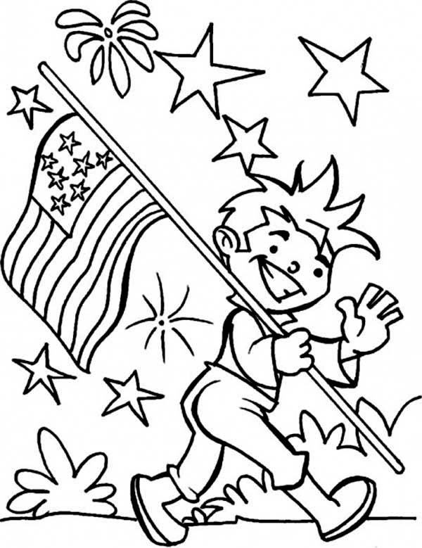 Independence Day, : Carrying American Flag on 4th July Independence Day Coloring Page