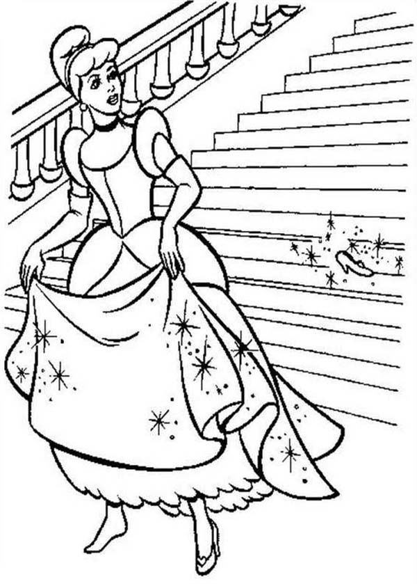 Princesses Birthday, : Cinderella Lose One of Her Shoe in Princesses Birthday Coloring Pages