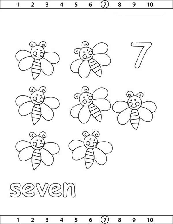 Number 7, : Learn Number 7 with Seven Bees Coloring Page