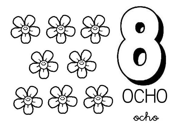 Number 8, : Learn Number 8 with Eight Flower Coloring Page