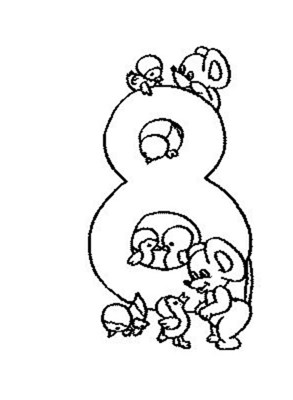 Number 8, : Learn Number 8 with Eight Rats Coloring Page