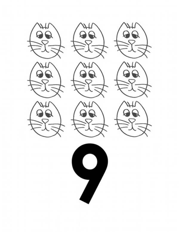 Number 9, : Learn Number 9 with Nine Cats Coloring Page