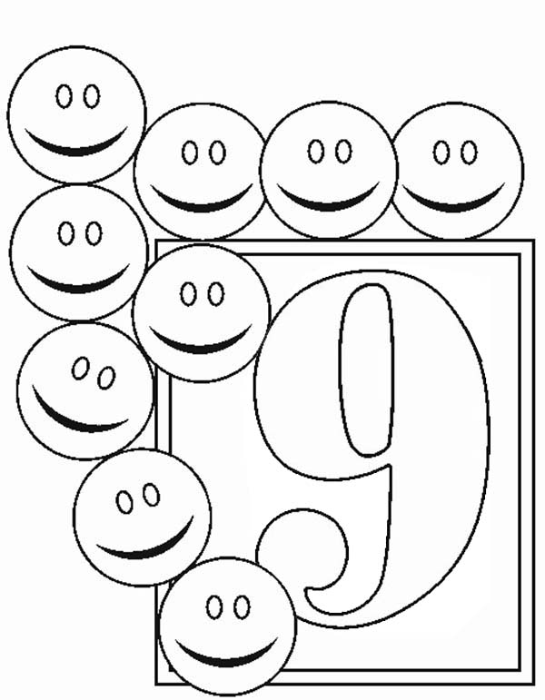 Number 9, : Learn Number 9 with Nine Smiley Faces Coloring Page